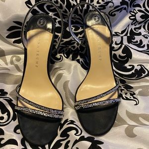 Ivanka Trump Black Satin and Rhinestone Doublet Strappy Heels, size 8.5